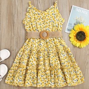 SHEIN Little Girl Ruched Hem Belted Floral Cami Dress zise 7-8Y 27 inches long